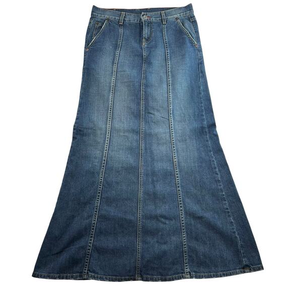 VTG Y2K Lucky Brand 4 27 Denim Maxi Skirt Boho Hippie Low Rise Modest Grunge - Picture 1 of 15